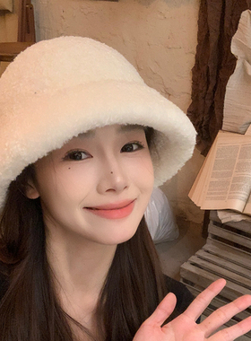 可爱软糯白色帽子女秋冬加厚保暖渔夫帽法式优雅圆顶盆帽气质礼帽