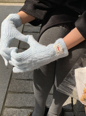 韩系奶油蓝色五指手套女冬季可爱蕾丝可爱保暖骑车手套分指可触屏
