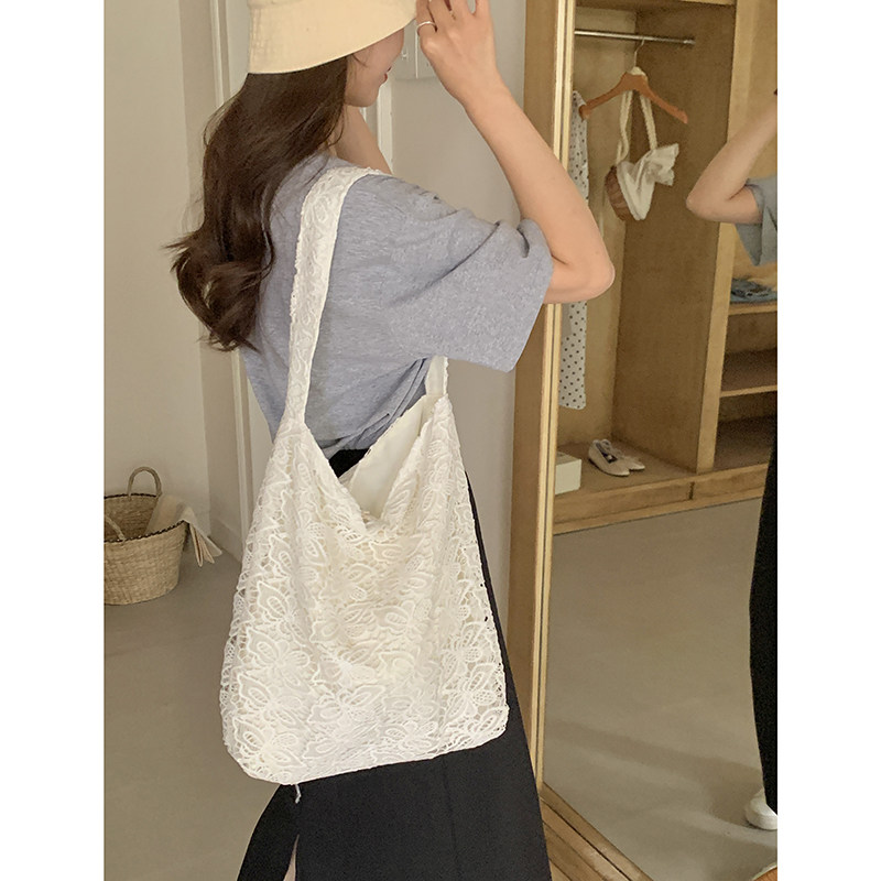 赵露思同款包包女春季蕾丝单肩带帆布包韩版ins大容量单肩包手提