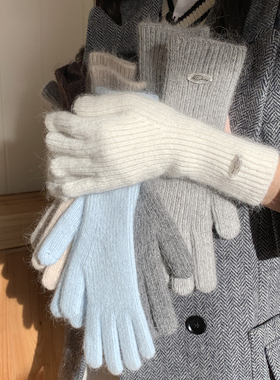 氛围感长款兔毛针织手套女冬季韩版五指骑行手套男防寒保暖可触屏