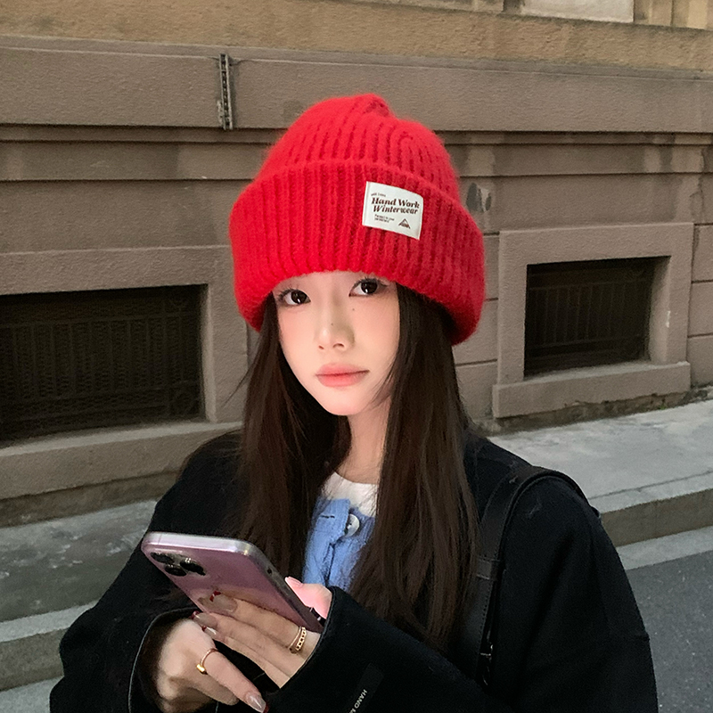 圣诞新年红色保暖针织帽女冬季