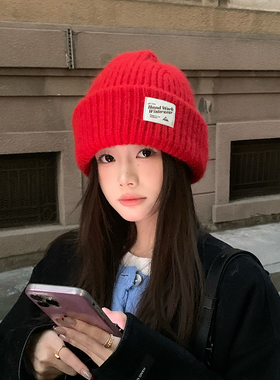 马年新年红色针织帽子女冬季加厚保暖毛线帽韩系大头围护耳冷帽男