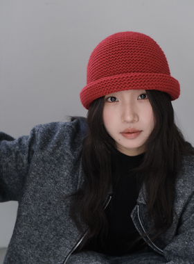 20%羊毛混纺针织帽女秋冬可爱卷边渔夫帽日系红色毛线帽百搭盆帽