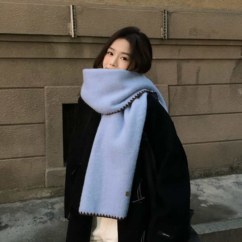 冰川蓝色围巾女冬季韩版锁边亲肤软糯保暖仿羊绒围脖披肩两用学生