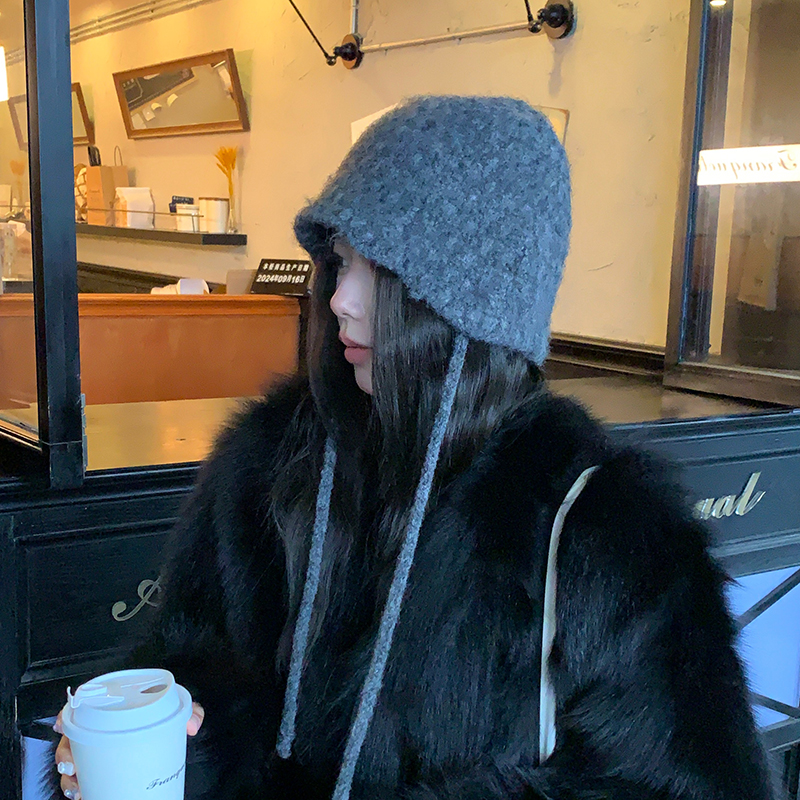 日系小众针织帽女秋冬绑带渔夫帽