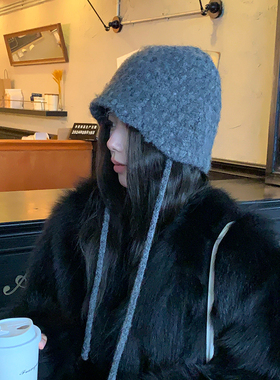 复古灰色针织帽子女秋冬季软糯毛线帽大头围渔夫帽盆帽保暖雷锋帽