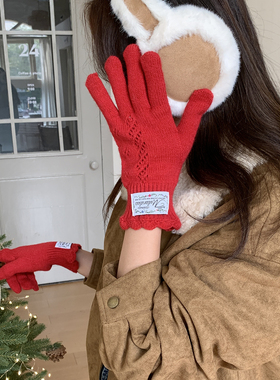 新年氛围红色针织保暖手套女冬季韩国ins分指可触屏骑行防寒手套
