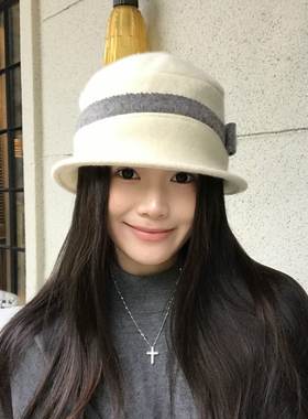 气质白色羊毛小礼帽女秋冬软顶蝴蝶结针织渔夫帽子显脸小法式盆帽