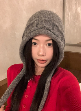 可爱绑带灰色针织帽子女冬季护耳雷锋帽大头围毛线帽显脸小雷锋帽