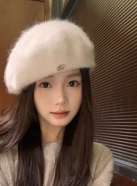 甜美温柔兔毛贝雷帽子女冬季日系文艺针织画家帽显脸小白色云朵帽