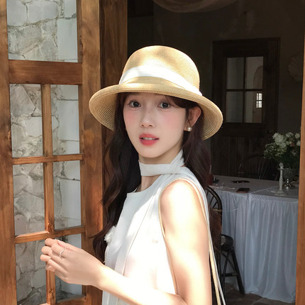 森系文艺圆顶草帽女夏季少女复古优雅渔夫帽户外出游防晒遮阳帽子