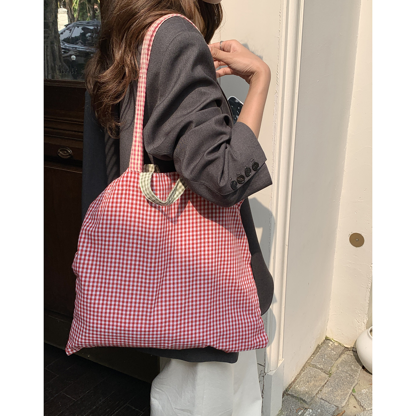 韩国东大门粉色格子帆布包女春季新款通勤手提包大容量单肩包布袋