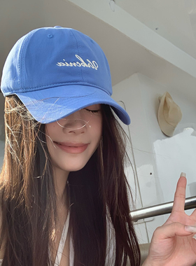 显白蓝色全棉棒球帽子女春夏新款韩系ins字母刺绣大头围鸭舌帽男