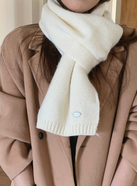 日单~兔绒羊毛混纺针织围巾女冬季韩系百搭纯色保暖白色围脖男款