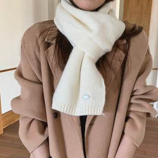日单~兔绒羊毛混纺针织围巾女冬季韩系百搭纯色保暖白色围脖男款