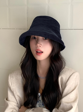 日单款~复古灯芯绒渔夫帽子女秋冬文艺百搭盆帽大檐遮脸水桶帽潮
