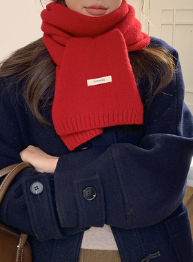 马年新年红色针织围巾女款2025新款100%美利奴羊毛护颈围脖男保暖