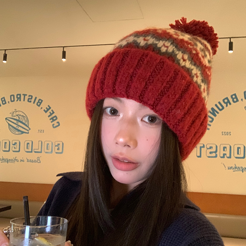 保暖圣诞费尔岛针织毛线帽秋冬女