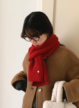 100%美利奴纯羊毛围巾女冬季百搭红色加厚保暖针织围脖男节日送礼