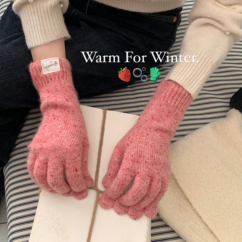 芝士草莓~羊毛混纺保暖针织手套女冬季韩版粉色长筒手套防寒骑行