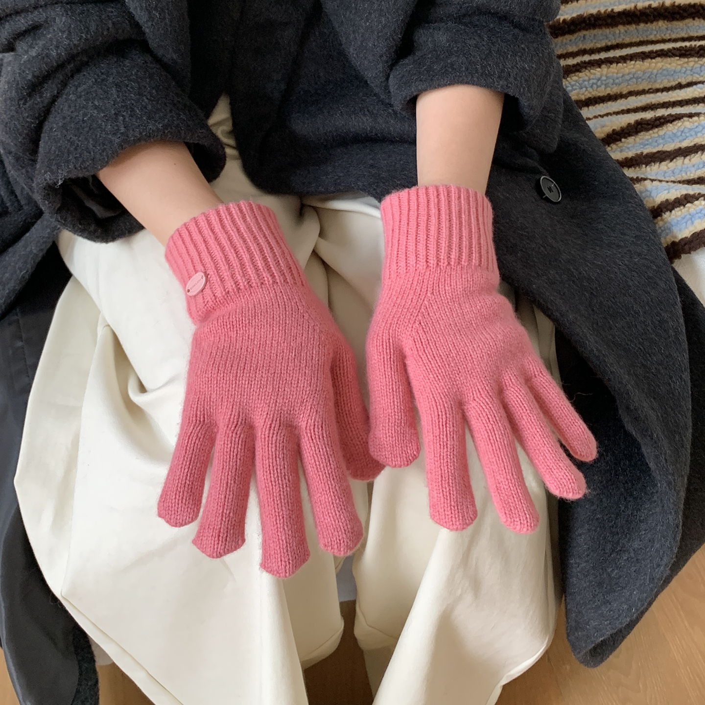 重磅款~定染粉色100%纯羊毛手套女冬季韩版分指保暖防寒骑行手套