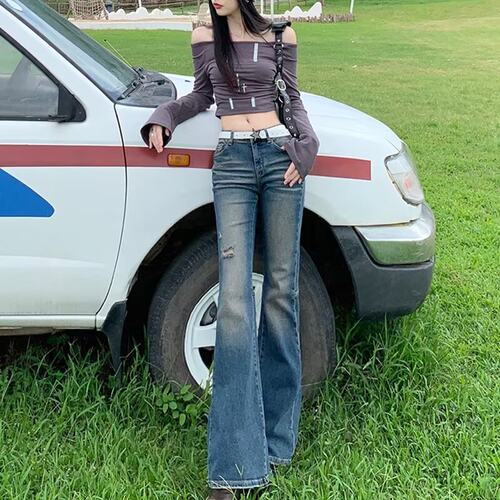 美式复古破洞微喇牛仔裤女