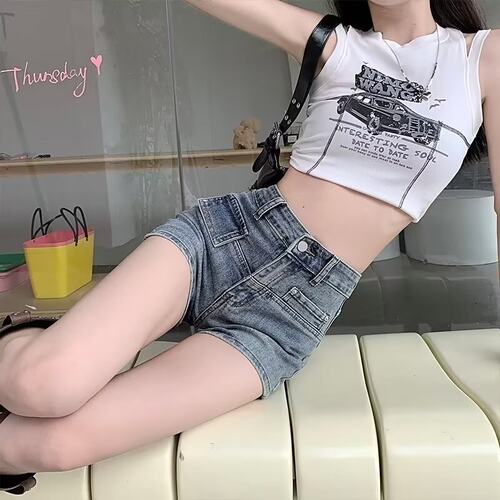 大码复古蓝色牛仔短裤女夏