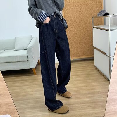 深蓝色直筒牛仔裤女大码春秋新款