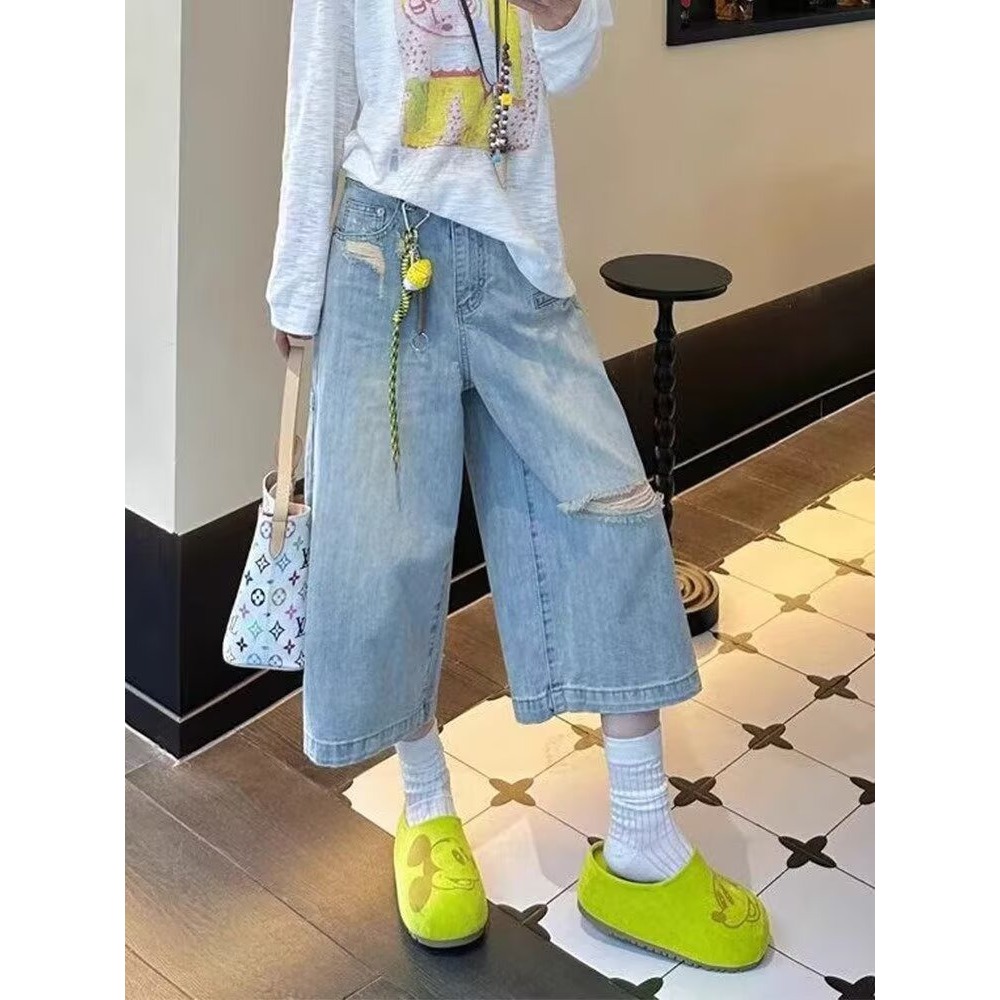 蓝色破洞牛仔裤女夏季新款大码胖mm显瘦宽松高腰设计感七分直筒裤