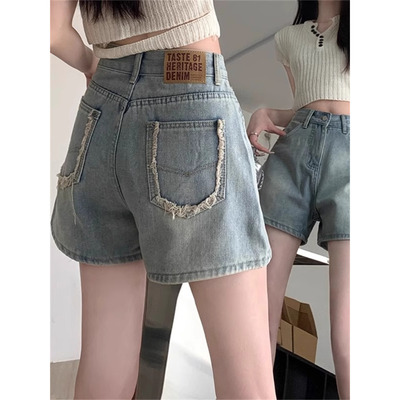 美式复古设计感毛边高腰牛仔裤