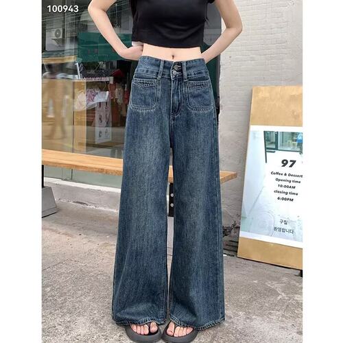 复古蓝A字阔腿牛仔裤女大码