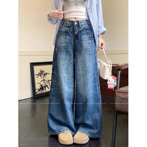 复古浅蓝色慵懒阔腿牛仔裤女