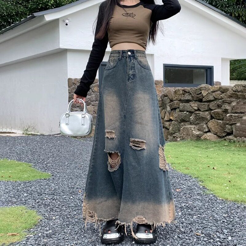 美式复古破洞牛仔半身裙女春夏高腰显瘦设计感小众大摆毛边a字裙