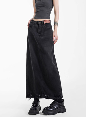 美式复古黑色半身裙春夏新a字裙牛仔长裙毛边破洞后开叉显瘦裙子