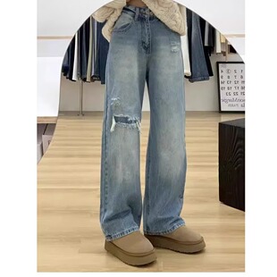 2025新款小个子窄版阔腿裤梨型身材胖mm巨显瘦裤子女款破洞牛仔裤