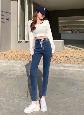 系绳松紧腰牛仔裤女2022春装新款高腰修身显瘦弹力百搭铅笔九分裤