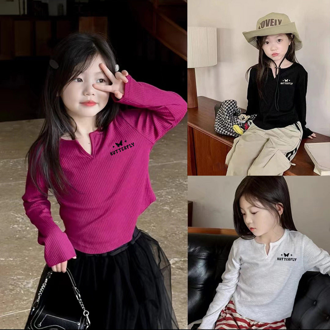 春季女童韩版百搭上衣新款儿童v领打底衫长袖T恤洋气时尚百搭款