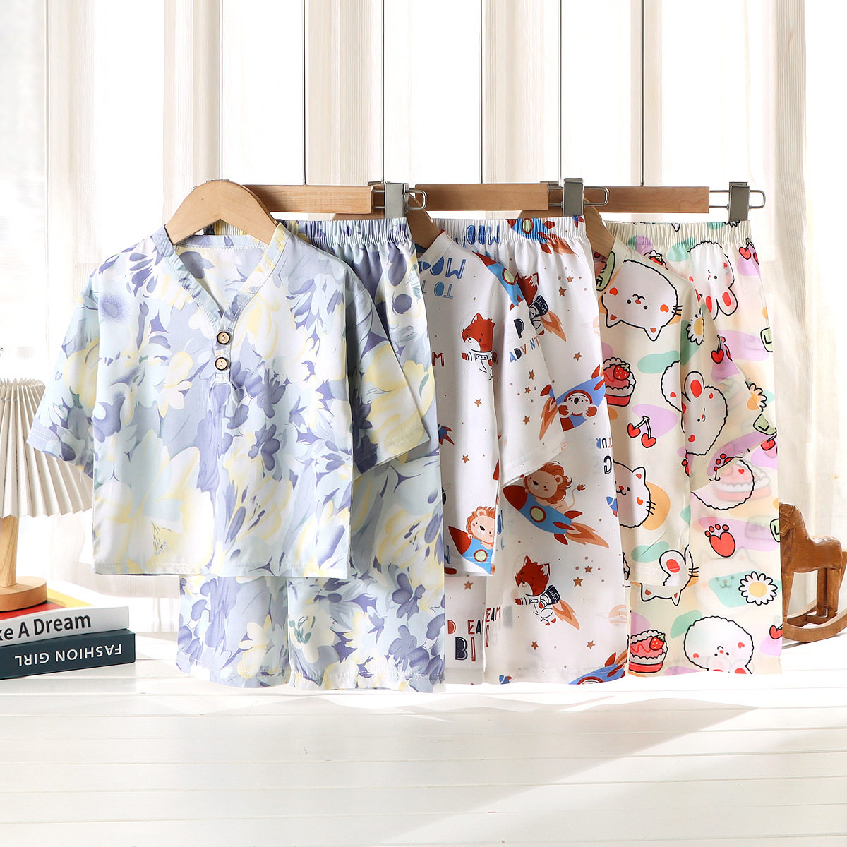 新款春夏季棉绸V领家居服套装男女童柔软舒服短袖长裤睡衣空调服