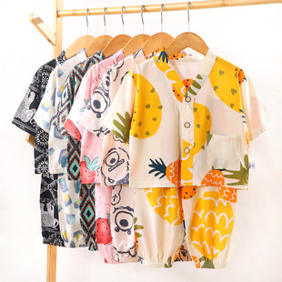 夏季薄款儿童绵绸睡衣套装人造棉空调服男女童棉绸家居服两件套