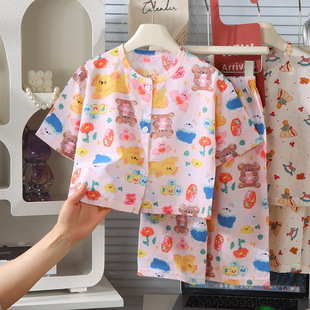 儿童棉绸开衫家居服套装女童短袖九分裤空调服薄款夏季宝宝睡衣