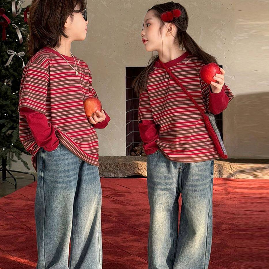 2026新年装儿童打底衫纯棉洋气条纹男女童长袖上衣针织假两件T恤