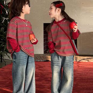 2026新年装儿童打底衫纯棉洋气条纹男女童长袖上衣针织假两件T恤