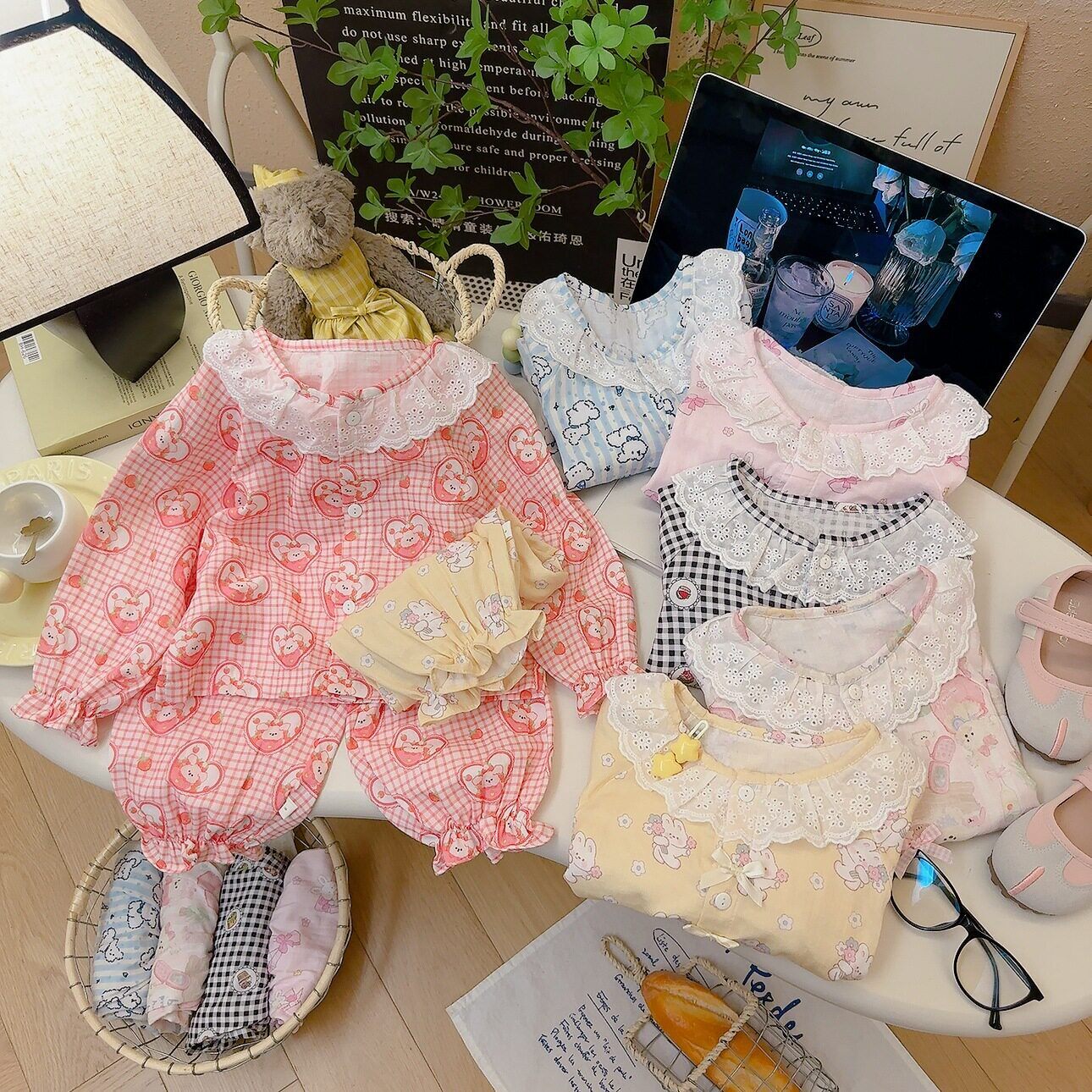 2026儿童新款纯棉家居服套装女童蕾丝花边睡衣春夏薄款双层棉纱