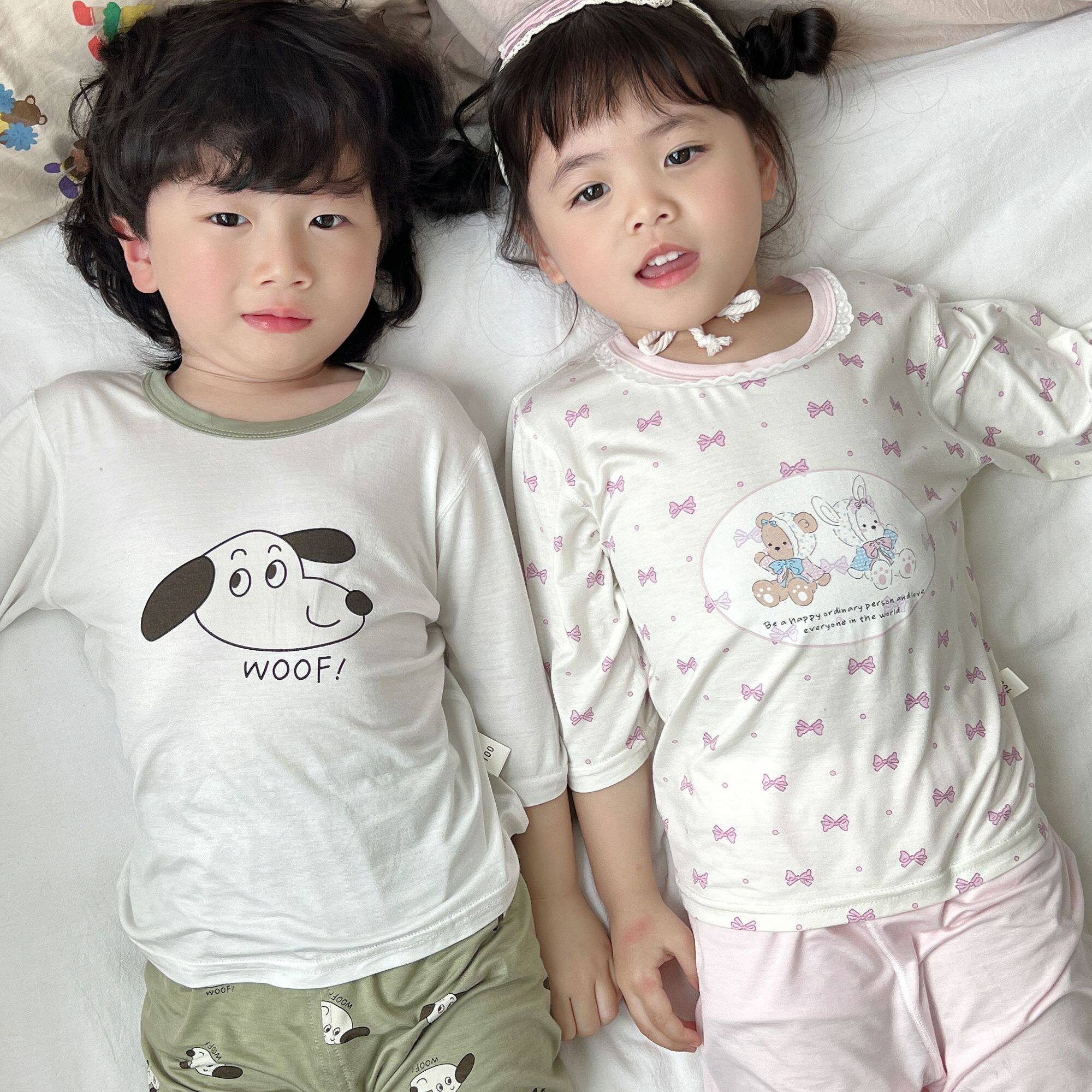 夏季轻薄儿童睡衣优可丝无骨七分男女童家居服透气薄款空调服套装