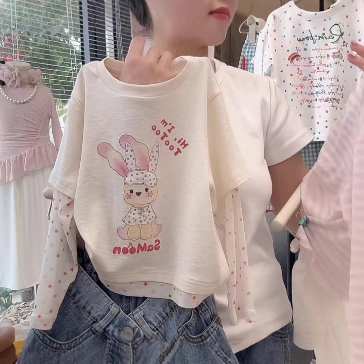 女童俏皮兔子印花洋气假两件长袖春季新款韩系卡通T恤韩系上衣