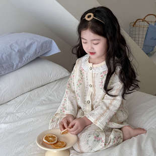 春秋款女童空调服纯棉儿童纱布套装宝宝春夏家居服薄款睡衣