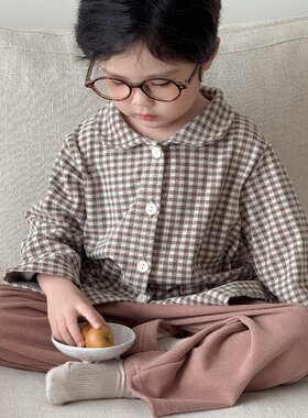 秋冬季儿童保暖内衣套装德绒家居服男女童格子长袖长裤宽松睡衣