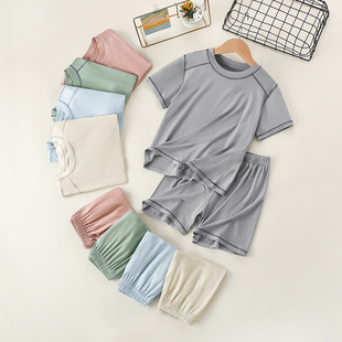 夏季莫代尔儿童睡衣男童家居服女童短袖短裤中大童冰丝空调服套装