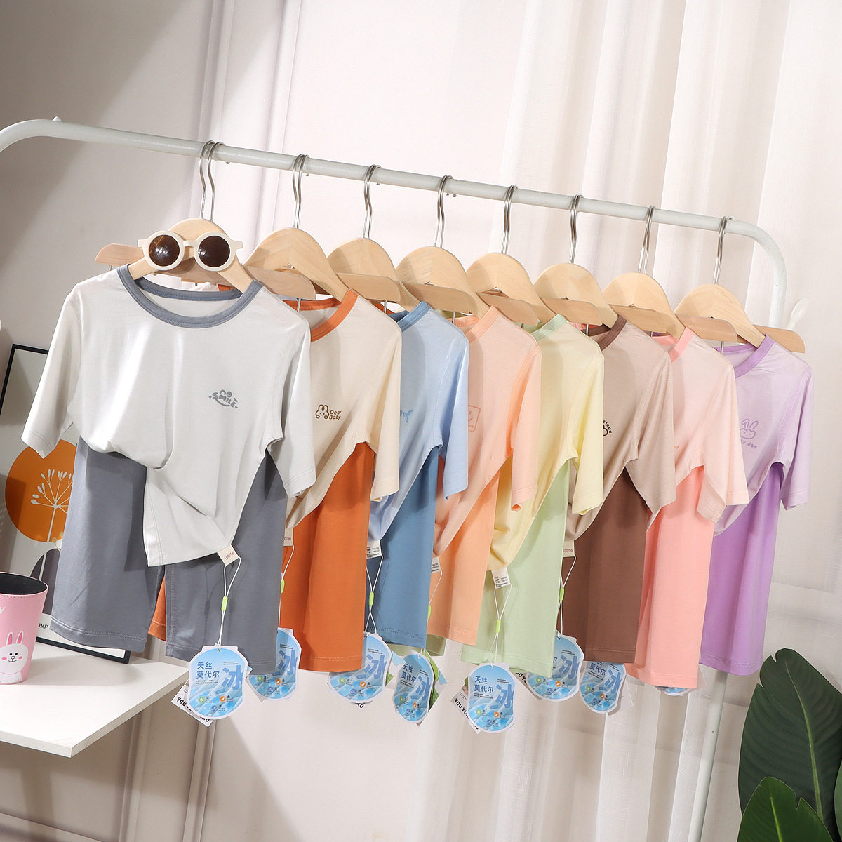 夏季新款儿童莫代尔睡衣男女中大童A类无骨七分袖空调家居服套装