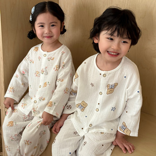 春夏新款儿童睡衣套装纯棉纱布棉纱家居服男女童百搭两件套四季款